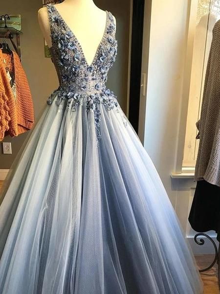 Dressime A Line V Neck Tulle Long Prom Dresses With Beaded dressime