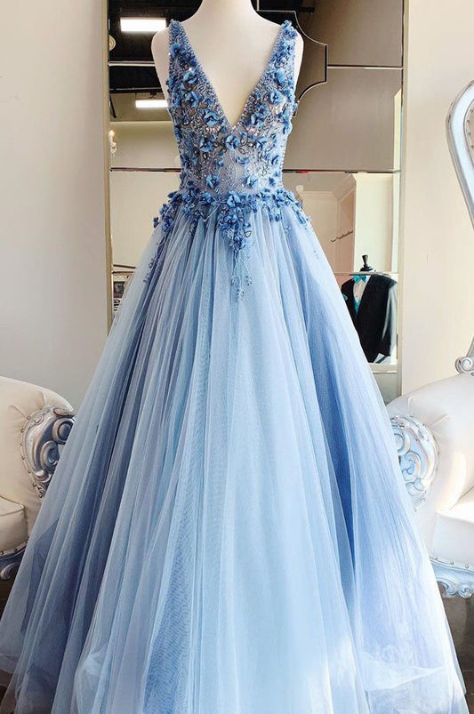 Dressime A Line V Neck Tulle Long Prom Dresses With Beaded dressime