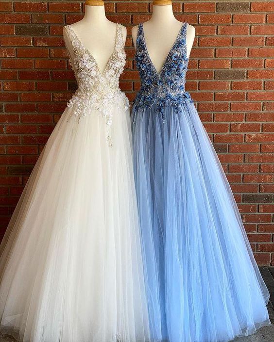 Dressime A Line V Neck Tulle Long Prom Dresses With Beaded dressime