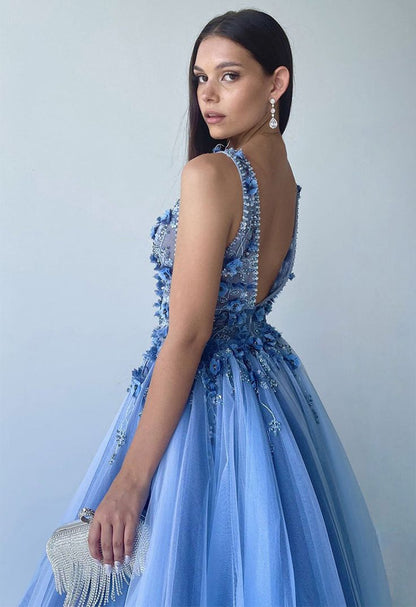 Dressime A Line V Neck Tulle Long Prom Dresses With Beaded dressime