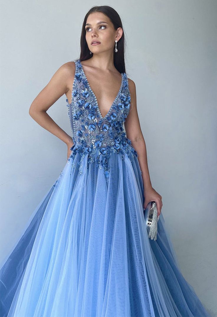 Dressime A Line V Neck Tulle Long Prom Dresses With Beaded dressime