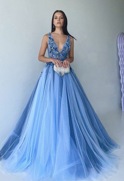 Dressime A Line V Neck Tulle Long Prom Dresses With Beaded dressime