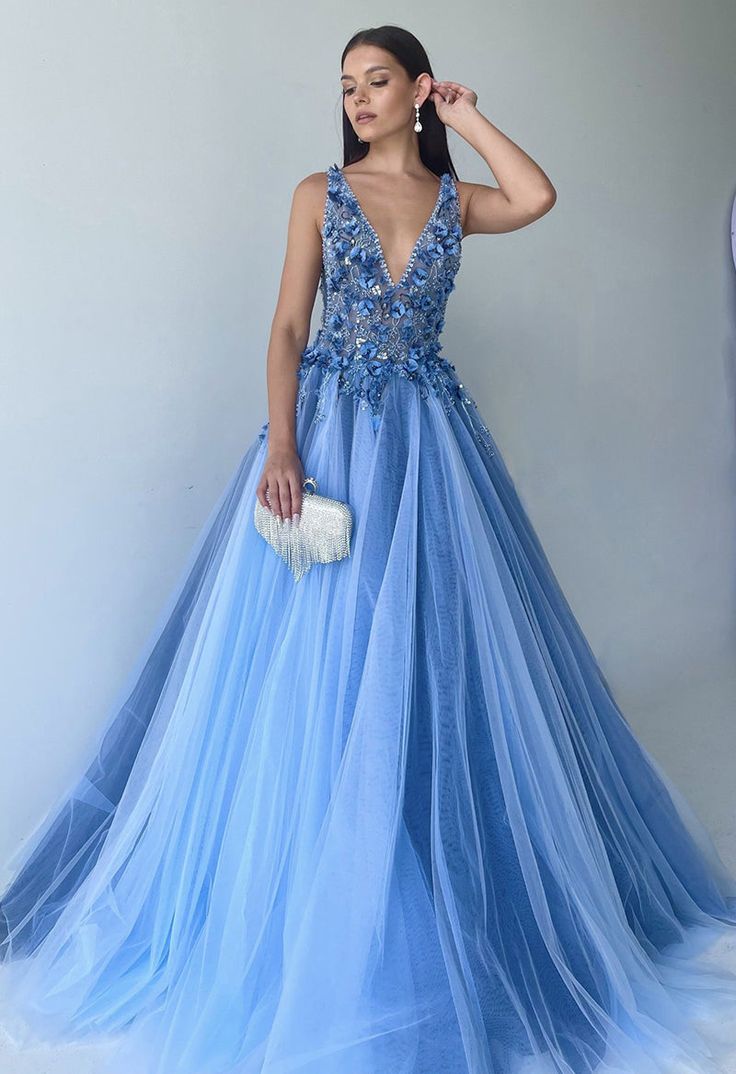 Dressime A Line V Neck Tulle Long Prom Dresses With Beaded dressime