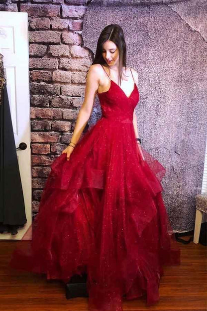 Dressime A line Ruffles Spaghetti Straps Tulle Long Prom Dress dressime