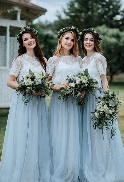 Dressime Beautiful Simple Two Pieces Tulle & Lace Long Bridesmaid Dresses dressime