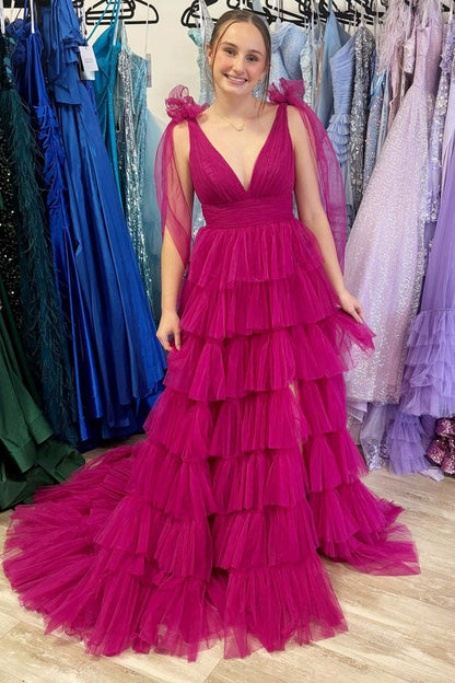 Dressime Bow Straps V-Neck Ruffled Tulle Tiered Long Prom Dress with Slit dressime