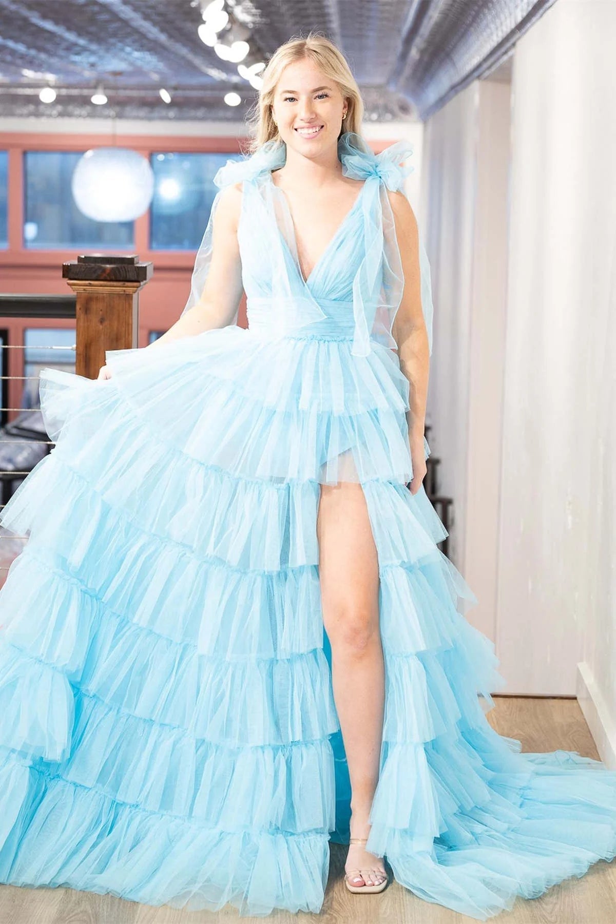 Dressime Bow Straps V-Neck Ruffled Tulle Tiered Long Prom Dress with Slit dressime