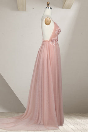 Dressime Dreamy V Neck Pearl Pink Tulle Floor Length Bridesmaid Dress with Appliques dressime