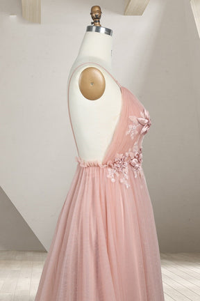 Dressime Dreamy V Neck Pearl Pink Tulle Floor Length Bridesmaid Dress with Appliques dressime