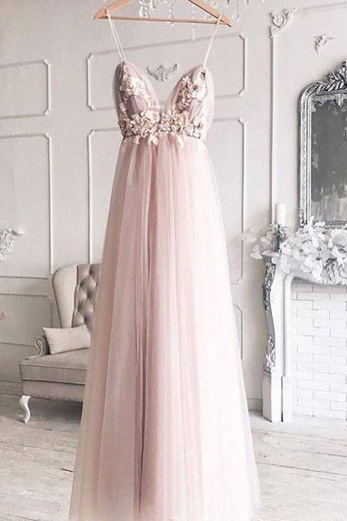 Dressime Dreamy V Neck Pearl Pink Tulle Floor Length Bridesmaid Dress with Appliques dressime