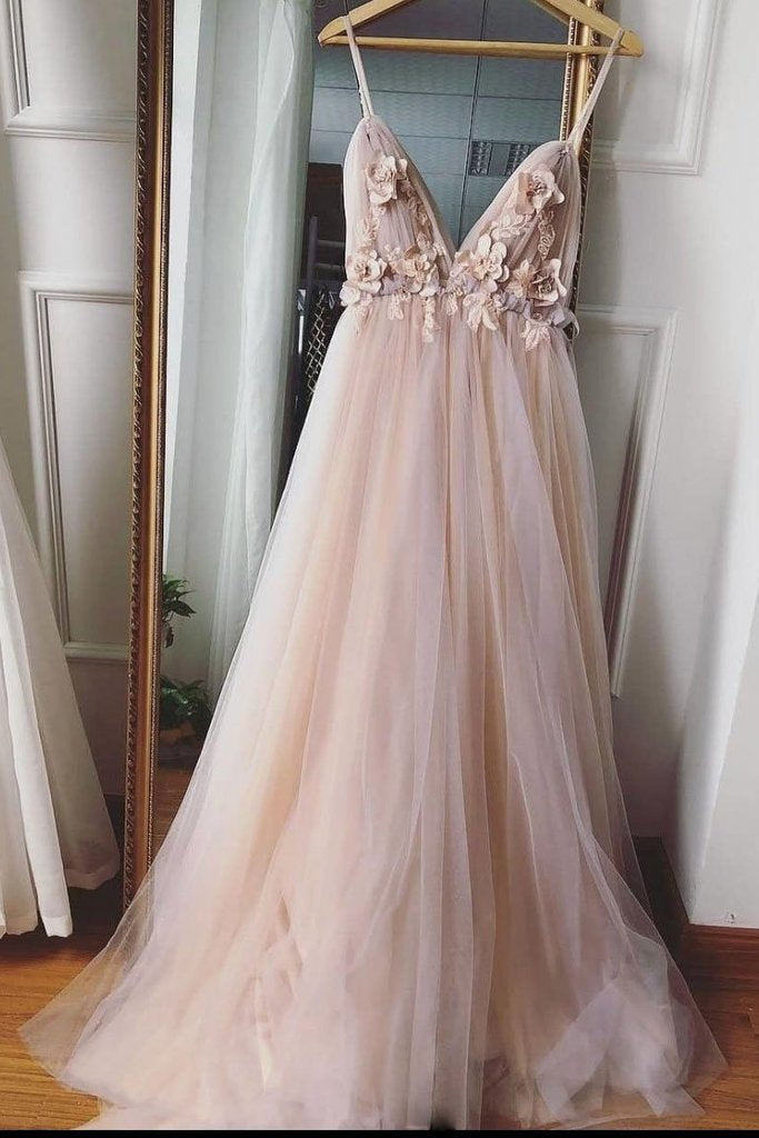 Dressime Dreamy V Neck Pearl Pink Tulle Floor Length Bridesmaid Dress with Appliques dressime