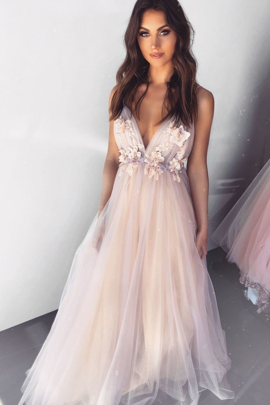 Dressime Dreamy V Neck Pearl Pink Tulle Floor Length Bridesmaid Dress with Appliques dressime