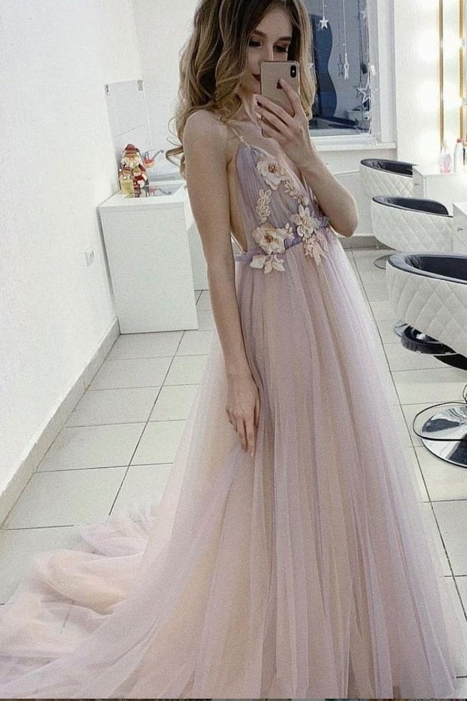 Dressime Dreamy V Neck Pearl Pink Tulle Floor Length Bridesmaid Dress with Appliques dressime