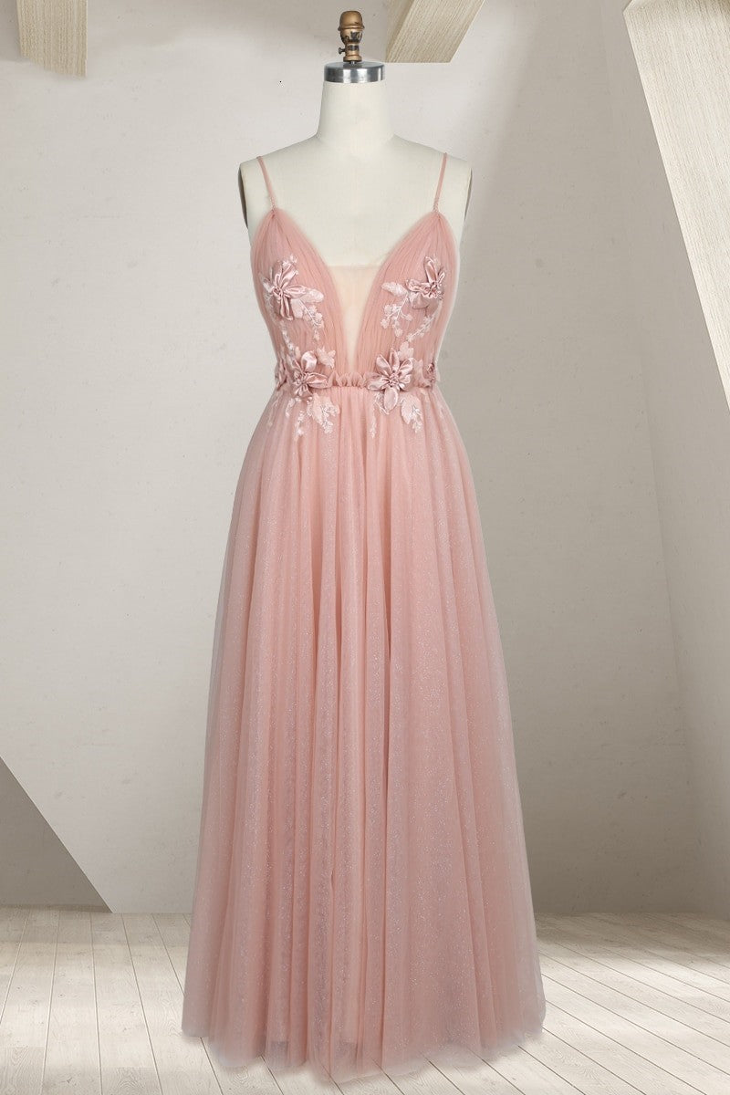 Dressime Dreamy V Neck Pearl Pink Tulle Floor Length Bridesmaid Dress with Appliques dressime