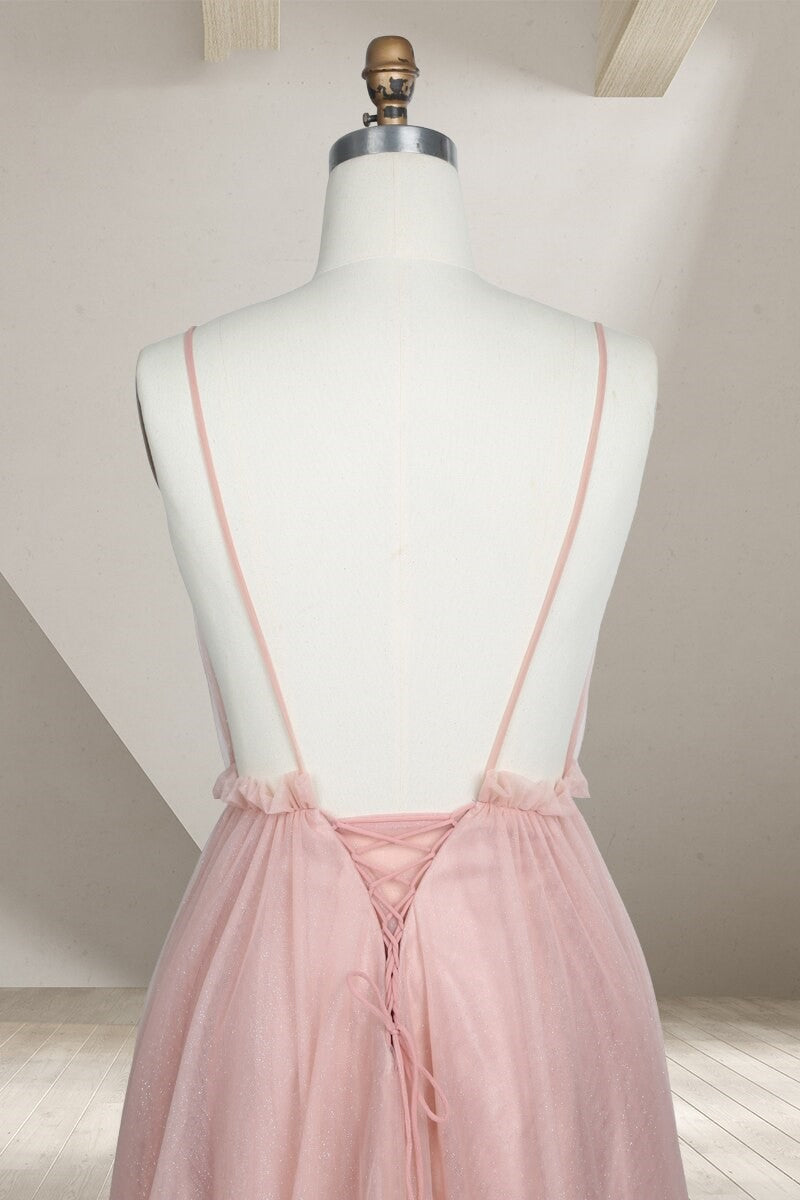 Dressime Dreamy V Neck Pearl Pink Tulle Floor Length Bridesmaid Dress with Appliques dressime