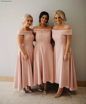 Dressime Dusty Pink Off the Shoulder High Low Ankle Length Satin Bridesmaid Dresses dressime