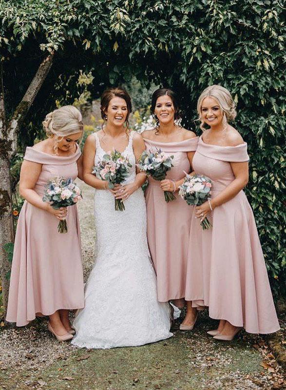 Dressime Dusty Pink Off the Shoulder High Low Ankle Length Satin Bridesmaid Dresses dressime