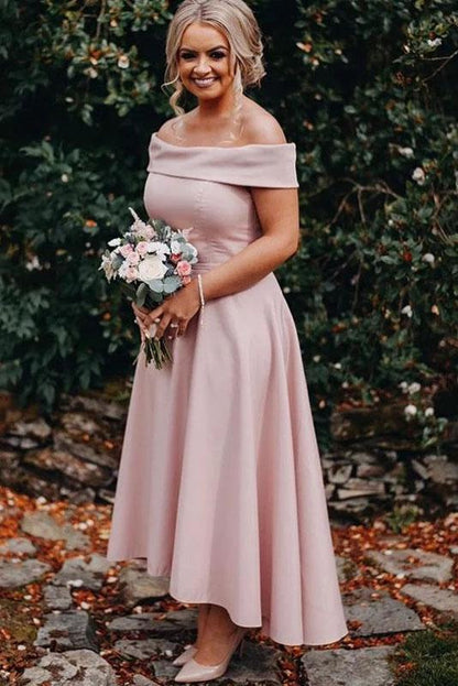 Dressime Dusty Pink Off the Shoulder High Low Ankle Length Satin Bridesmaid Dresses dressime