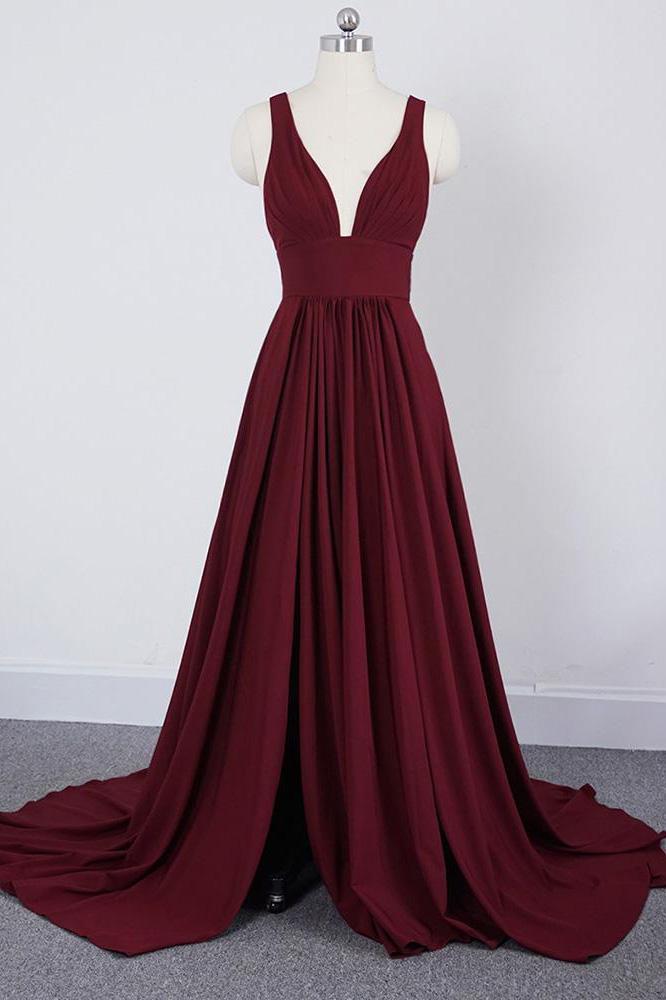  A-Line V-Neck Elastic Satin Backless Ruffles Sleeveless Bridesmaid Dress with Split-rjerdress