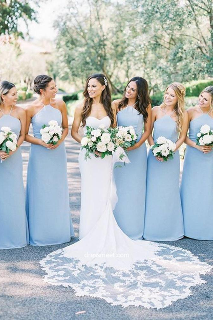 Dressime Elegant Sheath Halter Light Blue Satin Long Bridesmaid Dresses dressime