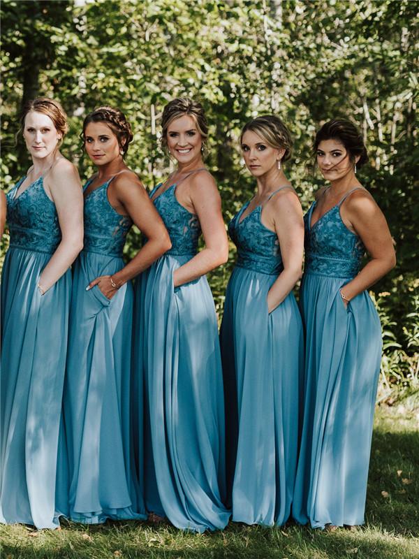 Dressime Formal A-Line Blue Chiffon Lace Long Elegant Wedding Party Dresses Bridesmaid Dresses dressime