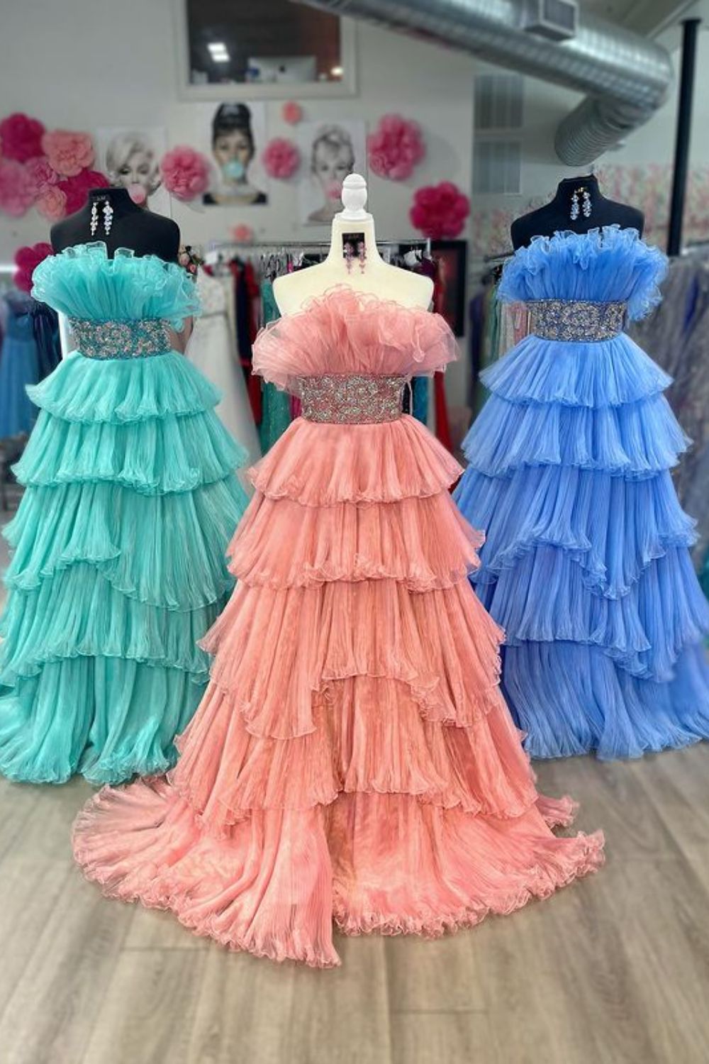 Dressime Glitter A-Line Beaded Long Tulle Tiered Prom Dress with Ruffles dressime