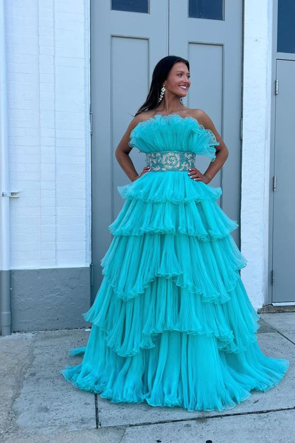 Dressime Glitter A-Line Beaded Long Tulle Tiered Prom Dress with Ruffles dressime