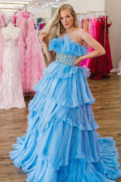 Dressime Glitter A-Line Beaded Long Tulle Tiered Prom Dress with Ruffles dressime