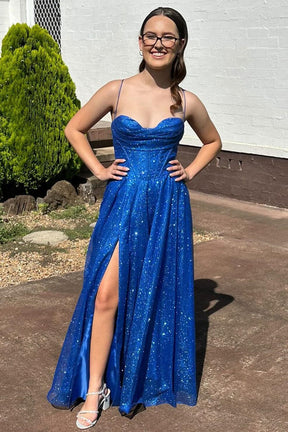 Dressime Glitter A Line Cowl Neck Long Prom Dress With Slit dressime