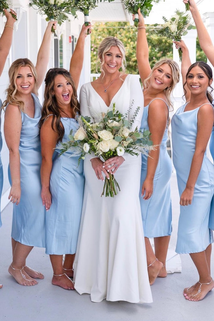 Dressime Light Blue Spaghetti Straps Cowl Neck Satin Bridesmaid Dresses dressime