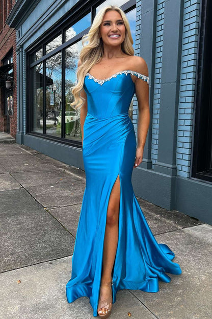 Dressime Mermaid Off the Shoulder Beaded Prom Dress with Slit dressime