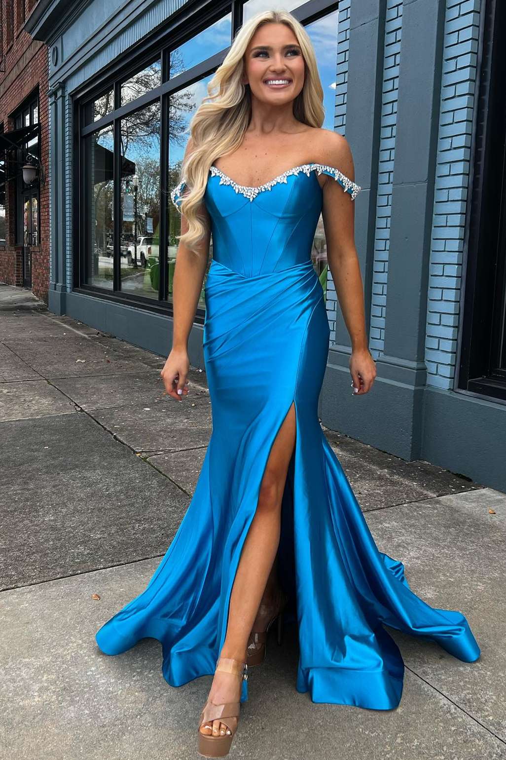 Dressime Mermaid Off the Shoulder Beaded Prom Dress with Slit dressime