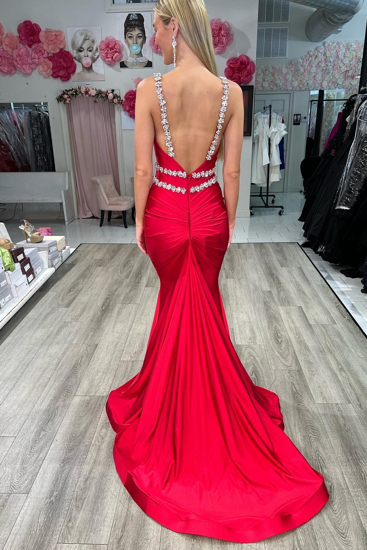 Dressime Mermaid Spagetti Straps Satin Open Back Beaded Long Prom Dress dressime