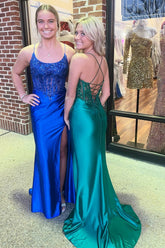 Dressime Mermaid Spaghetti Straps Satin Long Prom Dress with Appliques dressime