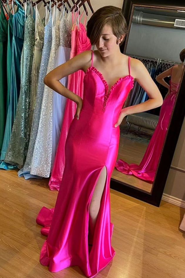 Dressime Mermaid Spaghetti Straps Satin Slit Long Prom Dresses dressime