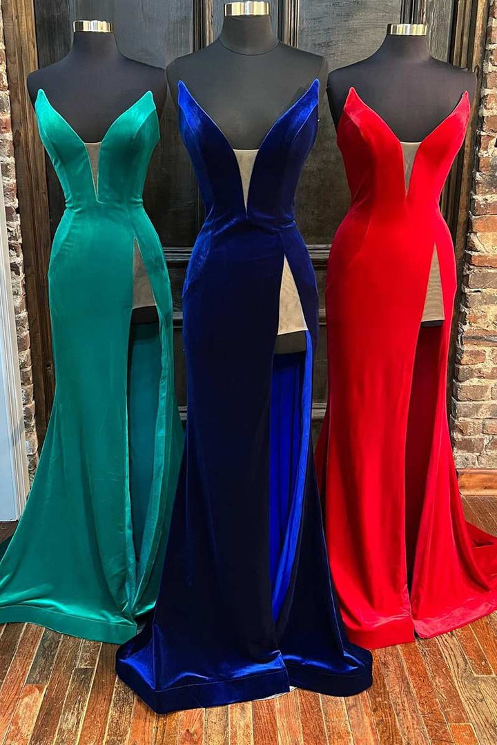 Dressime Mermaid Strapless Velvet Long Prom Dresses With Slit dressime