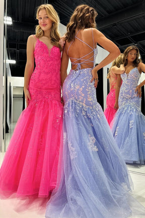 Dressime Mermaid V Neck Tulle Trumpet Long Prom Dress With Lace Appliques dressime