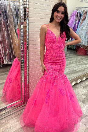 Dressime Mermaid V Neck Tulle Trumpet Long Prom Dress With Lace Appliques dressime