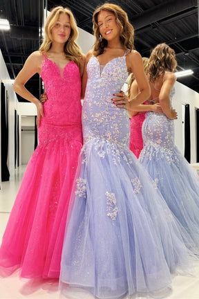 Dressime Mermaid V Neck Tulle Trumpet Long Prom Dress With Lace Appliques dressime