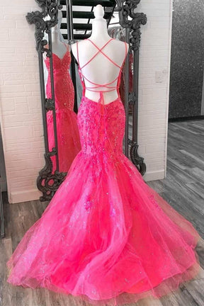 Dressime Mermaid V Neck Tulle Trumpet Long Prom Dress With Lace Appliques dressime