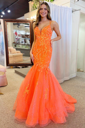 Dressime Mermaid V Neck Tulle Trumpet Long Prom Dress With Lace Appliques dressime