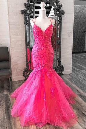 Dressime Mermaid V Neck Tulle Trumpet Long Prom Dress With Lace Appliques dressime