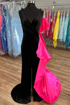 Dressime Mermaid V Neck Velvet Bow-Back Long Prom Dress with Slit dressime