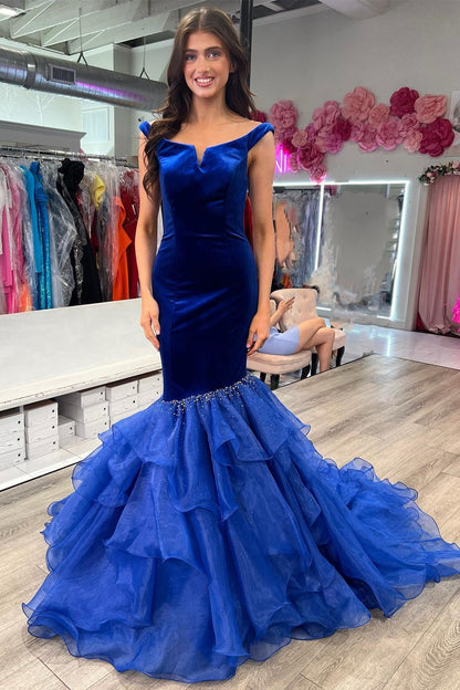 Dressime Mermaid Velvet Off The Shoulder Multi Layer Trumpet Prom Dress dressime