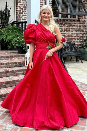 Dressime One Shoulder Puff Sleeve A-line Satin Slit Long Prom Dress dressime