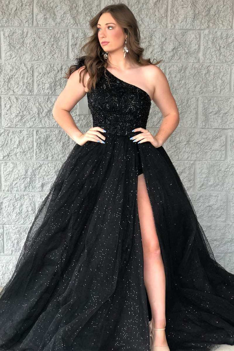 Dressime Plus Size A Line Beaded Tulle One Shoulder Long Prom Dress with Slit dressime