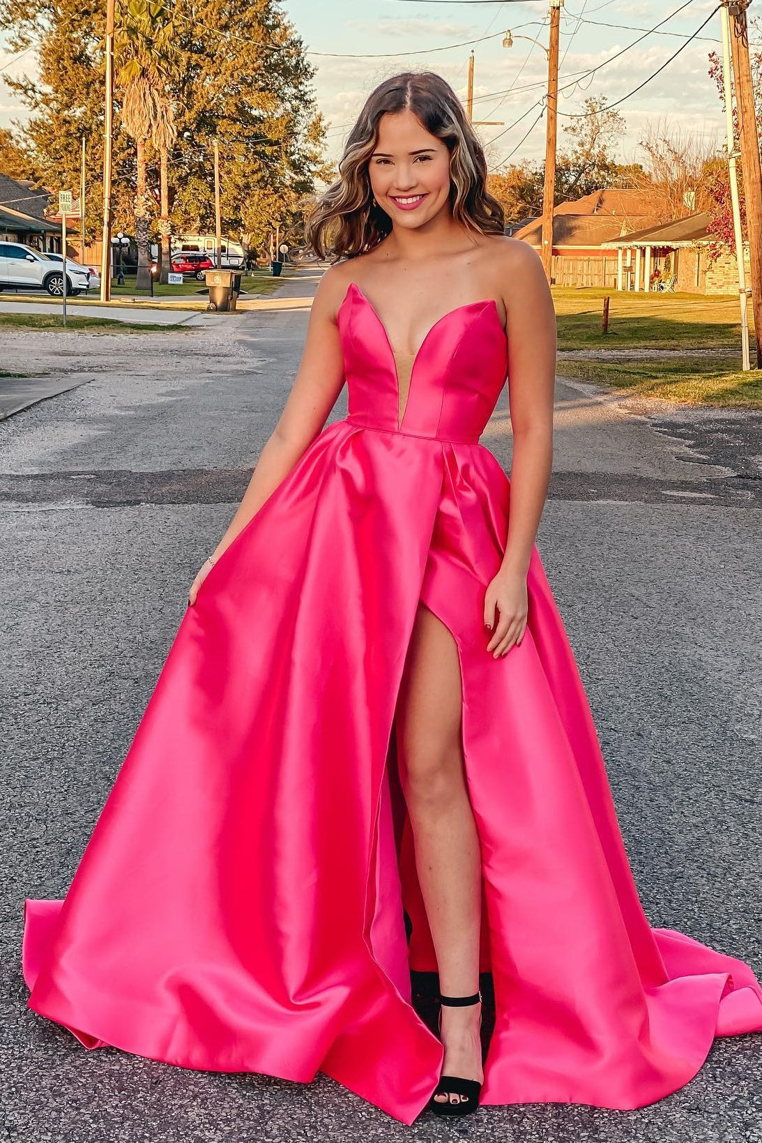 Dressime Plus Size A Line Satin Strapless Prom Dress with Slit dressime