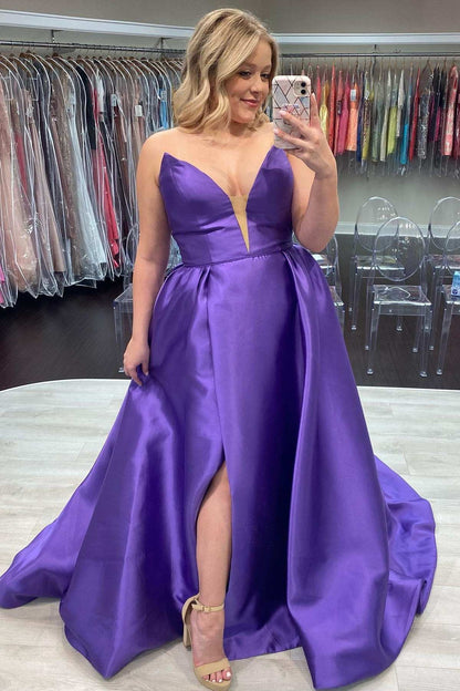 Dressime Plus Size A Line Satin Strapless Prom Dress with Slit dressime