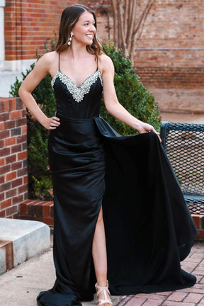 Dressime Sheath Rhinestone V Neck Long Prom Dress with Attached Train dressime