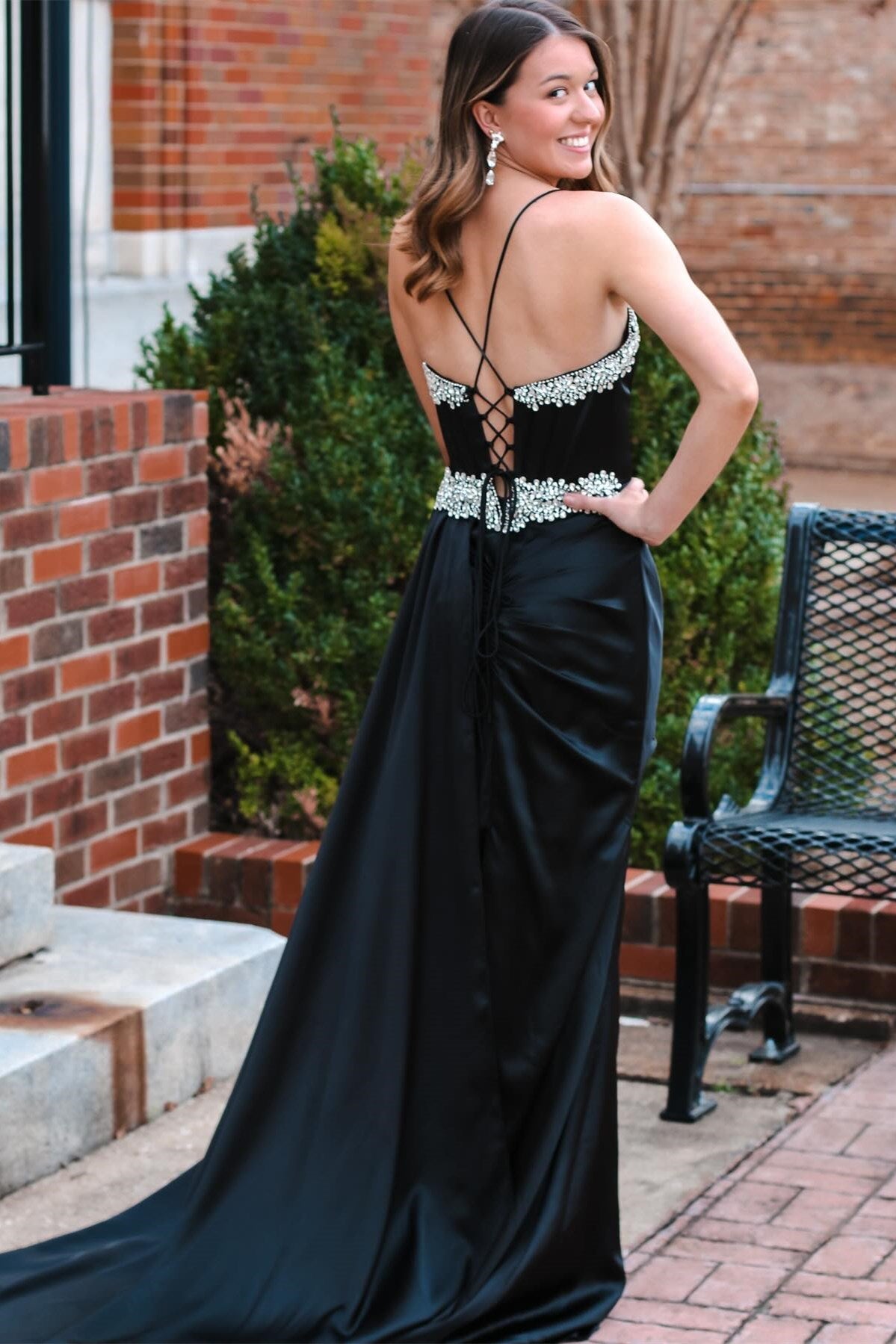 Dressime Sheath Rhinestone V Neck Long Prom Dress with Attached Train dressime